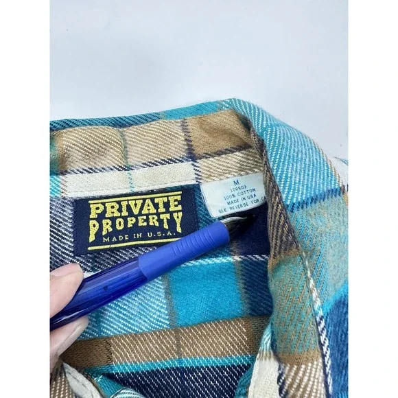 Vintage Private Property‎ Flannel Shirt Mens  M Blue Green Plaid Button Up Thick - Picture 13 of 15